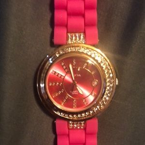 Strada hot pink bejeweled watch. New. In box. Never worn